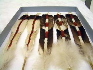 Sacred regalia of Condor feathers, decorated woodpecker skulls used in Yurok tribal Dance of Gratitude